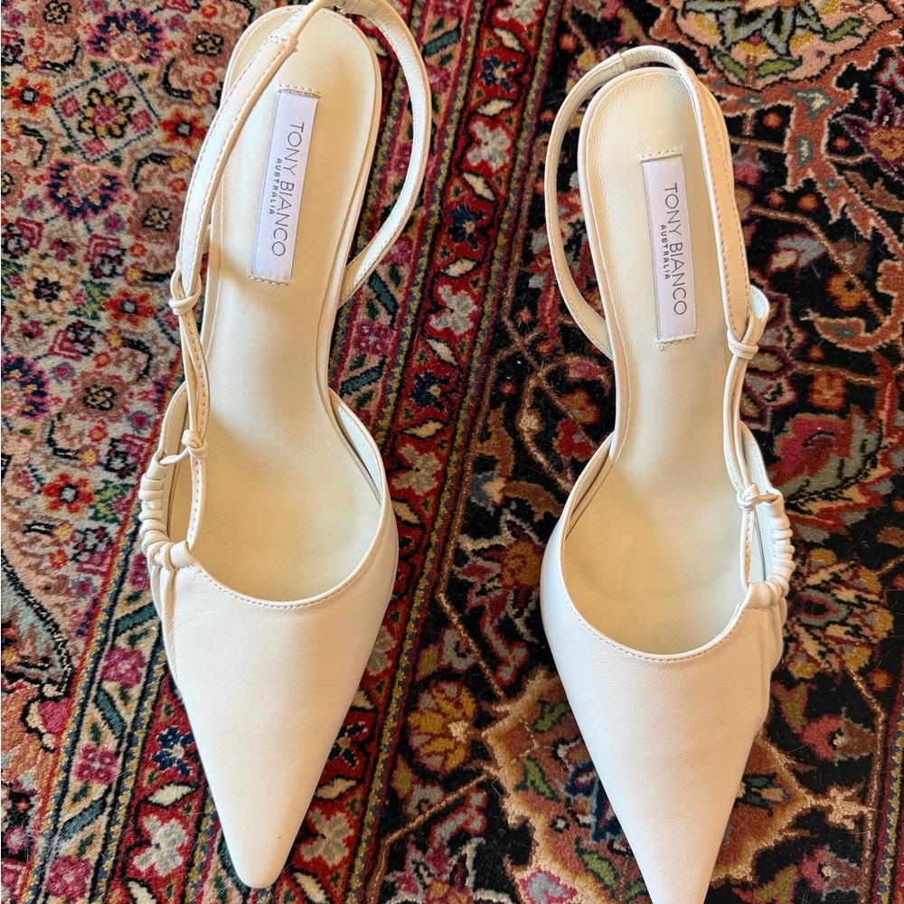 Tony Bianco Cream Pointed Toe Slingback Pumps with Ruched Strap - Picture 2 of 5